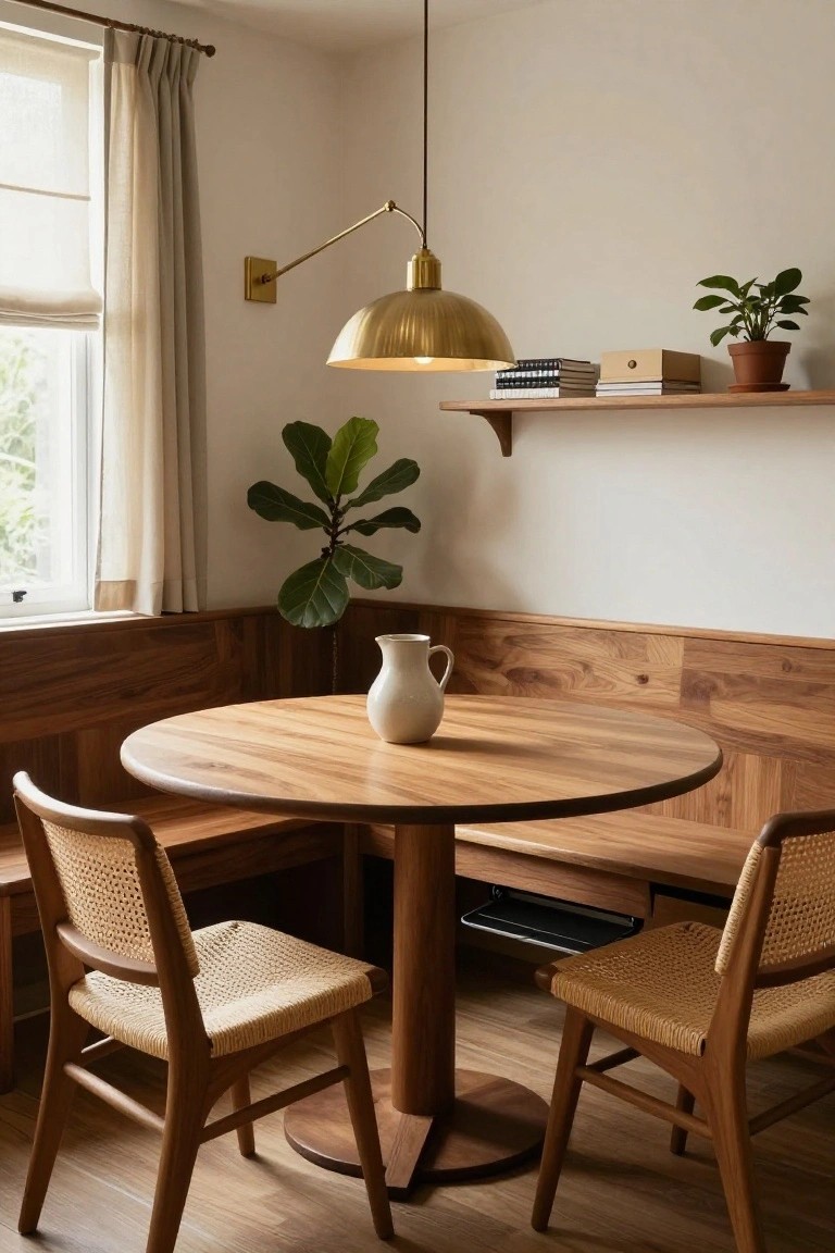 A dining nook featuring a round wooden table centered against a built-in wooden bench in the corner, flanked by two rattan chairs, with a white jug on the table, potted plants on shelves, and warm wood paneling on the walls.