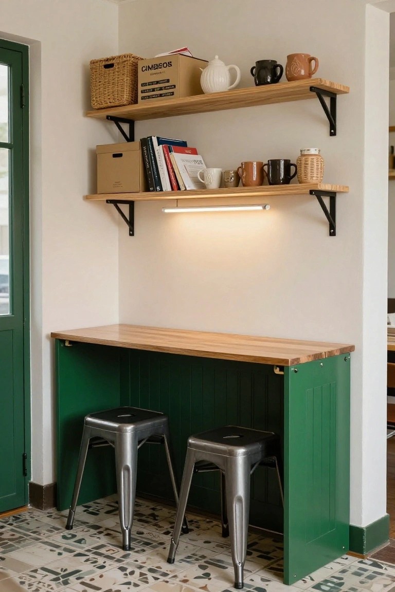 Green built-in counter with light wood top and paneled sides in a corner kitchen area, two silver metal stools in front, wooden shelves above holding boxes, books, pottery, and mugs, next to a green door on patterned tile floor.