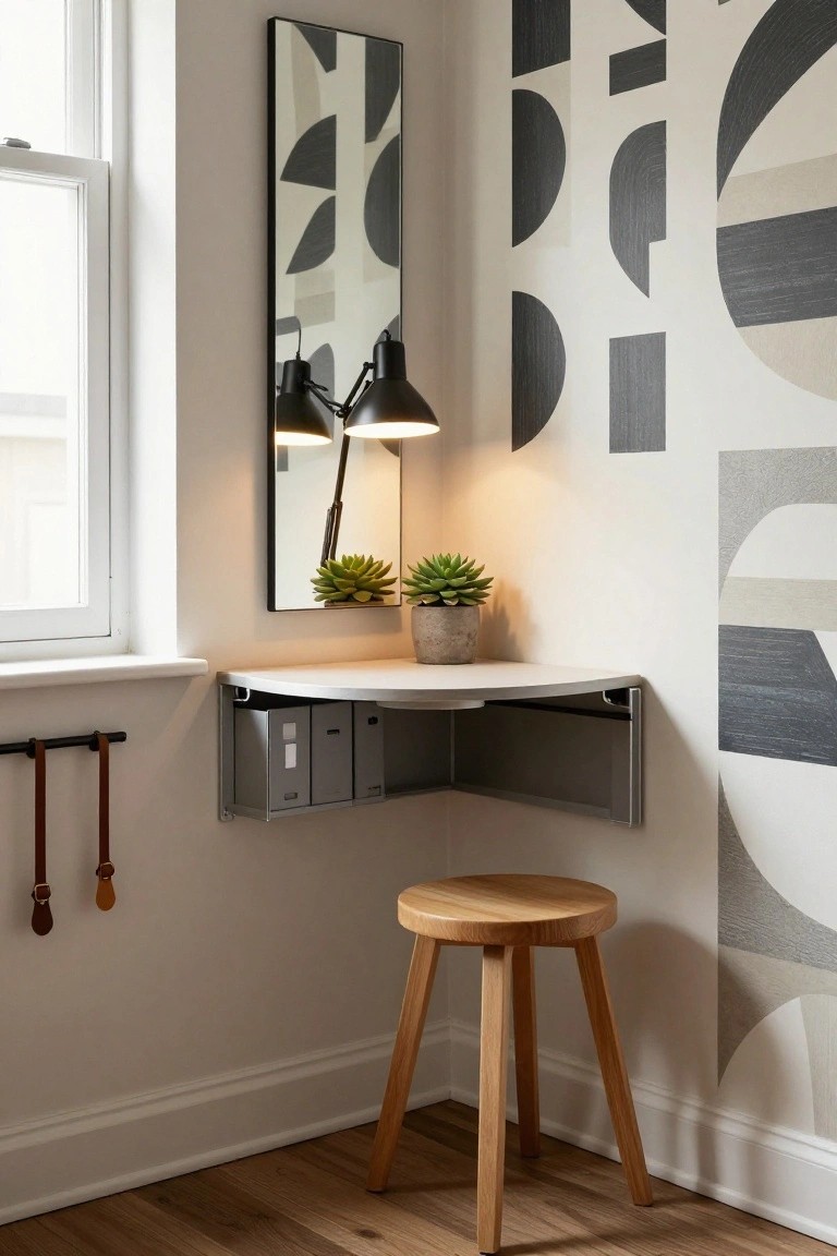 Corner wall-mounted white floating desk with gray storage bins below, wooden three-legged stool, two potted succulents, adjustable black desk lamp, and tall rectangular mirror next to a window against geometric black and white patterned wallpaper in a room with hardwood floors.