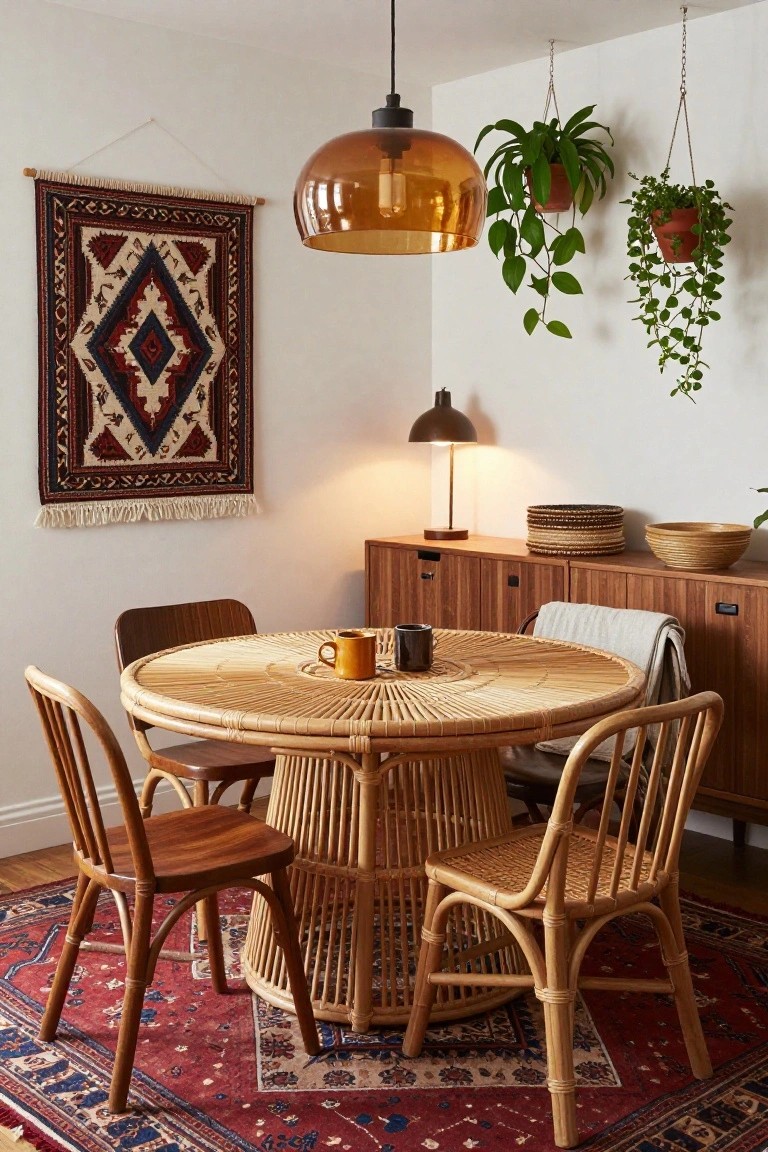 White-walled room with round rattan dining table, four wooden chairs, two mugs on table, wooden cabinets with woven baskets and linen cloth, hanging plants, desk lamp, wall tapestry, and red rug.