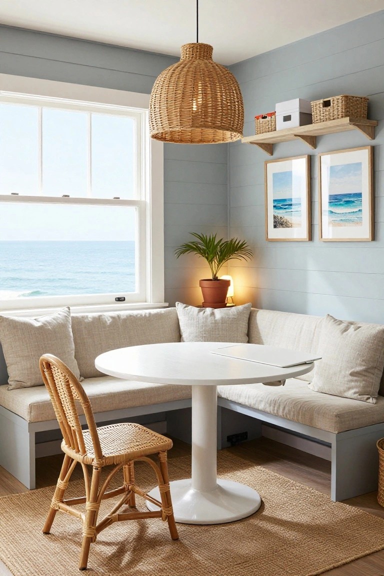 Coastal nook with round table, rattan chair, and ocean view.