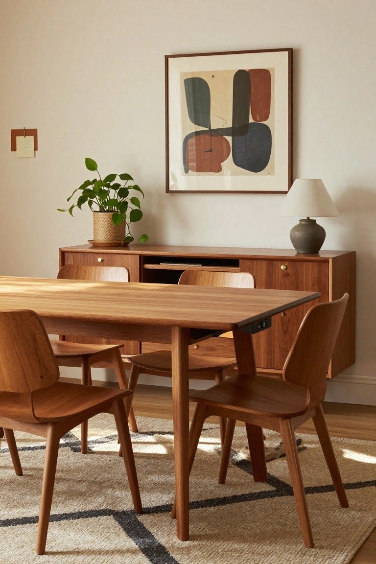 Modern wooden dining table with four chairs, matching credenza with drawers and open shelf, potted plant on credenza, abstract wall art, lamp on shelf, in a light-filled room with beige rug.