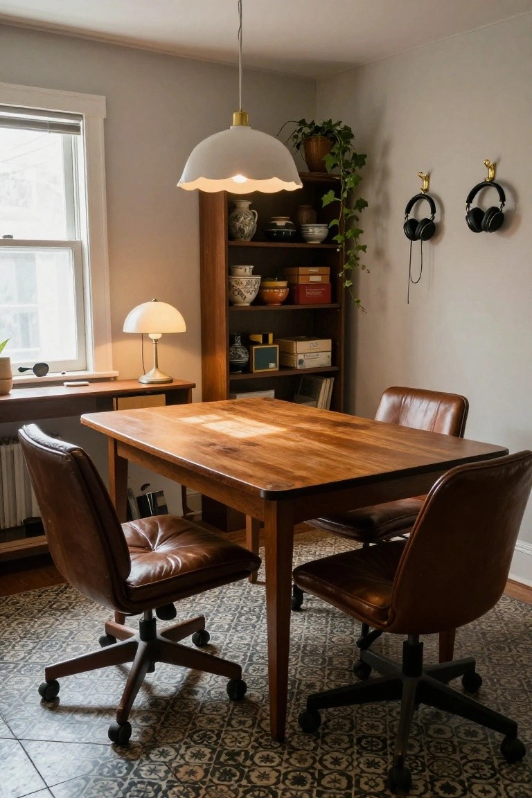 Interior photo of a dining room office combo with a central wooden table, four brown leather swivel chairs, wooden bookshelves filled with ceramics and books, potted plants, a desk lamp, and black headphones hanging on the wall.