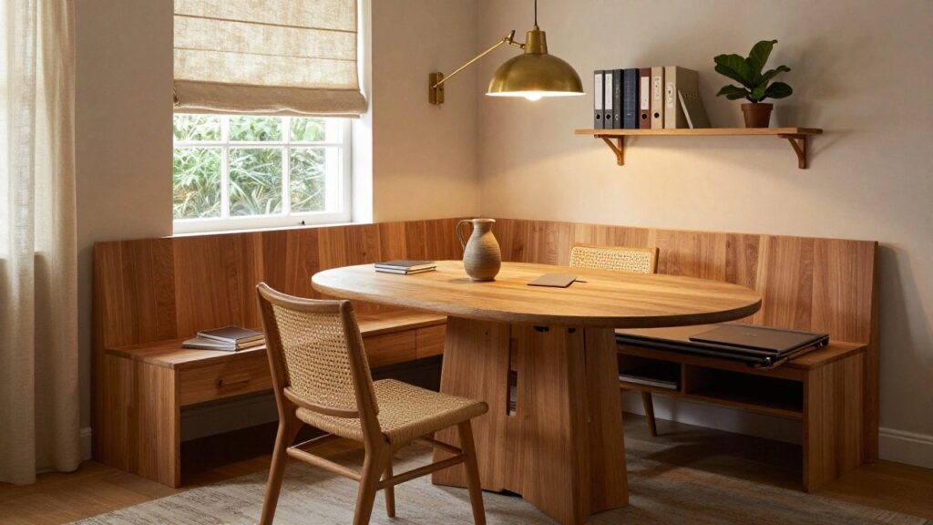 A dining nook featuring a round wooden table centered against a built-in wooden bench in the corner, flanked by two rattan chairs, with a white jug on the table, potted plants on shelves, and warm wood paneling on the walls.