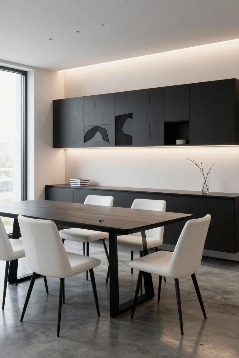 Modern dining area doubling as office space with long wooden table, four white upholstered chairs, tall matte black built-in cabinets along wall with LED strip lighting, polished concrete floor, and large window.