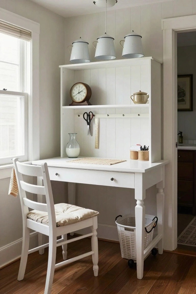 White wooden desk with open shelving hutch in a light gray room, displaying enamelware pots, clock, scissors, tape measure, glass vase with milk, pens, and a cushioned ladder-back chair beside a wicker wastebasket.