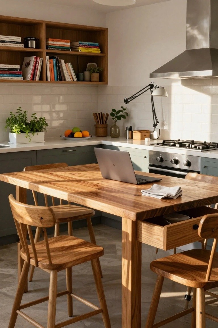 A sunlit kitchen with sage green cabinets, white subway tile backsplash, wooden open shelves with books and plants, herbs in pots, fruit bowl on counter, gas cooktop, and wooden dining table with four chairs and closed laptop on top.