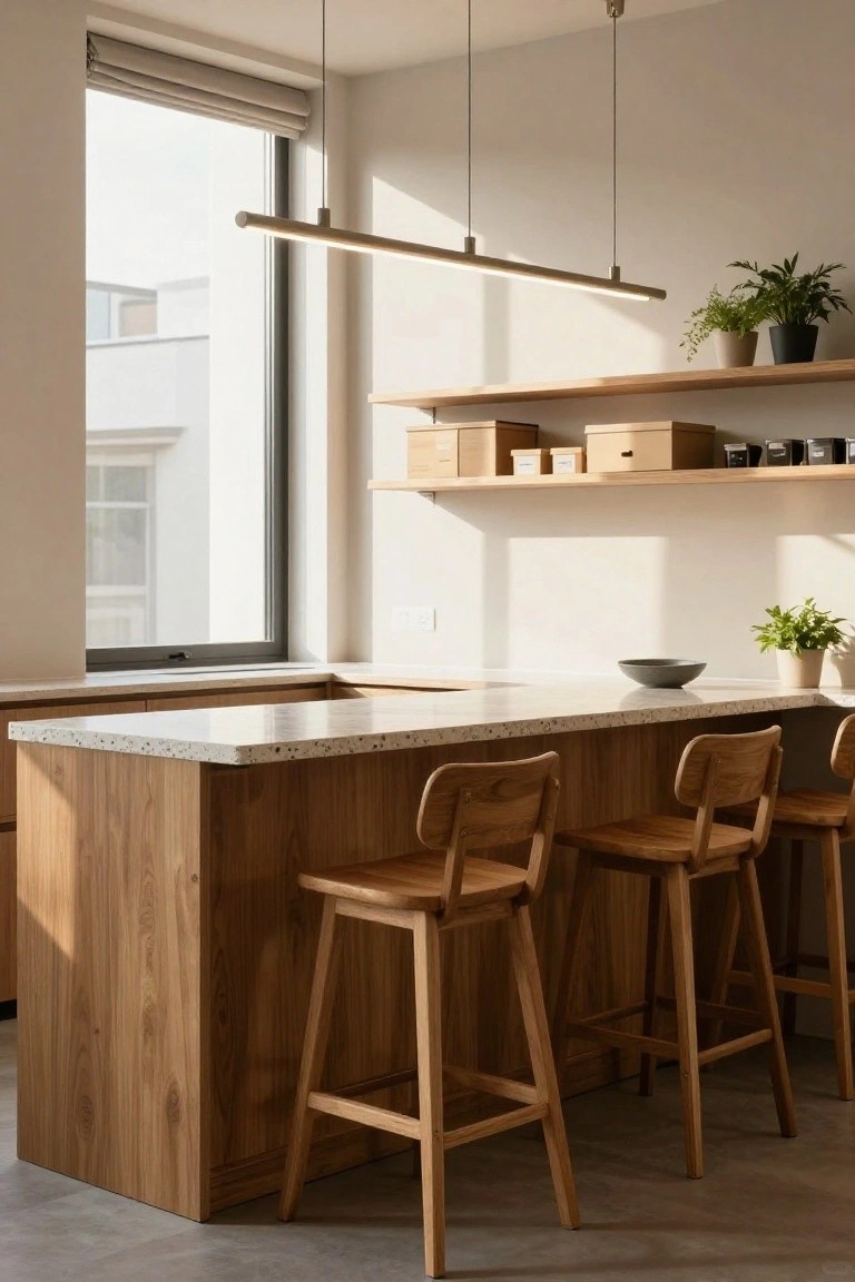 Bright modern kitchen with light terrazzo island countertop, four wooden bar stools, open wooden shelves holding boxes and cups, potted plants, and a large window with roller blind.