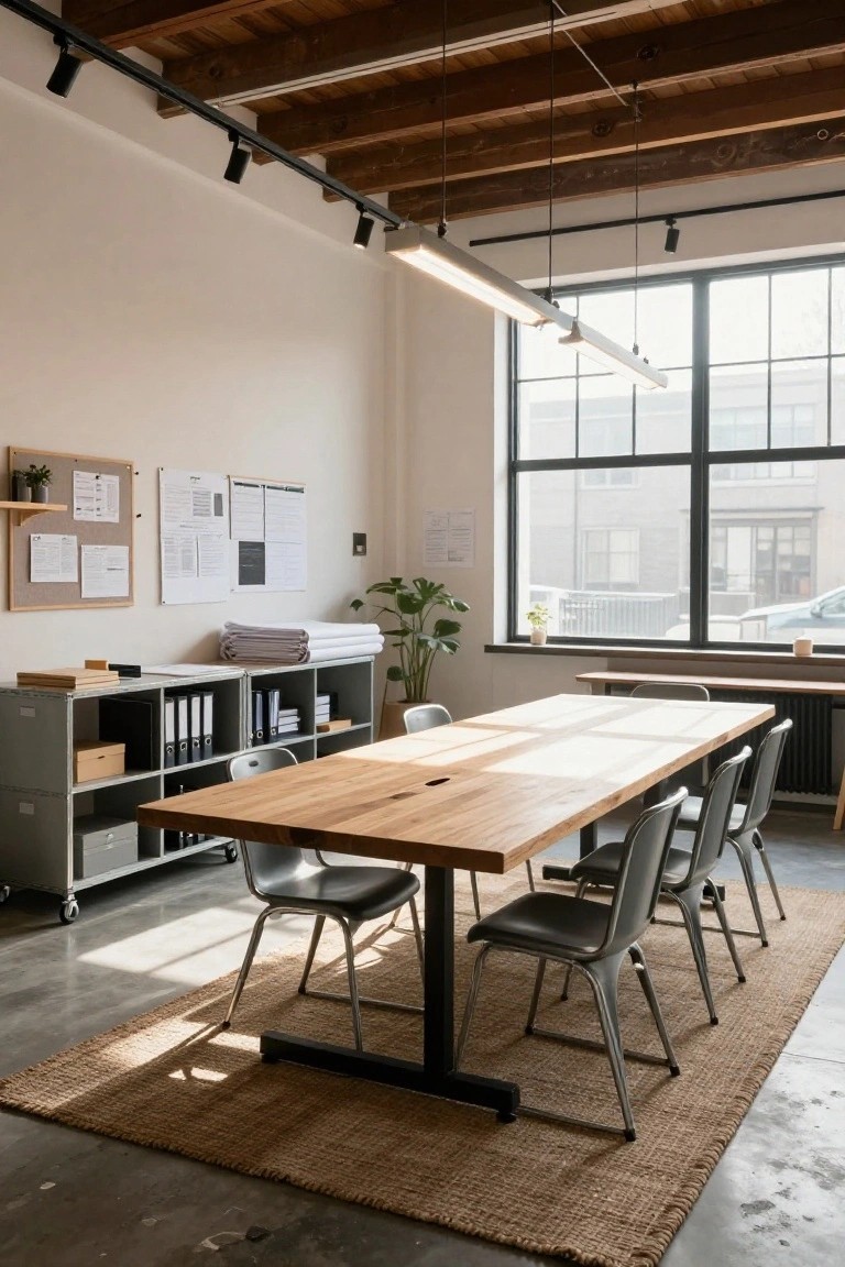 Industrial loft room with long oak dining table as workspace, metal chairs, grey metal shelving units with books and files, corkboards on walls, potted plants, and large windows with sunlight streaming in.