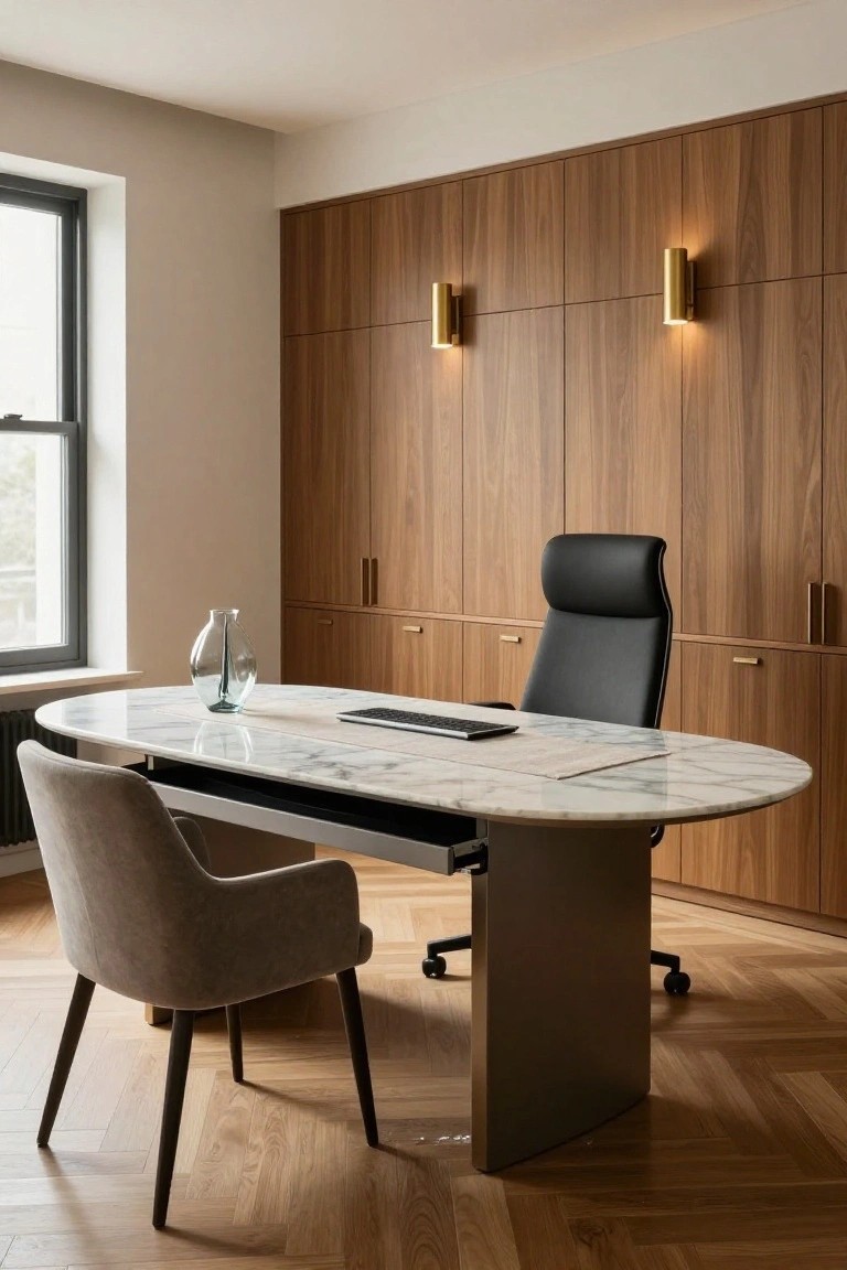 Oval white marble desk with keyboard drawer in a modern office room featuring walnut wood cabinets, black leather executive chair, gray upholstered guest chair, glass vase, and window.