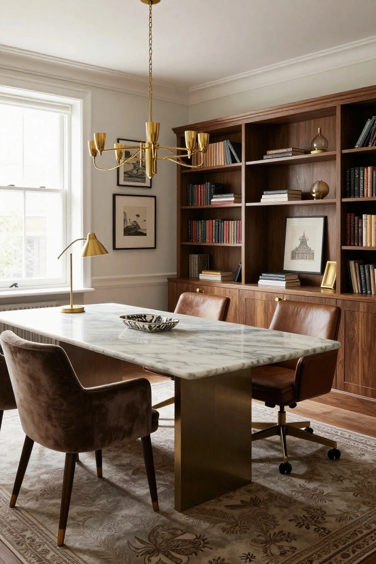 Wood-paneled room with built-in walnut bookcases filled with books, a long rectangular white marble table on brass legs, two leather chairs, two upholstered armchairs, gold desk lamp, and brass chandelier above.