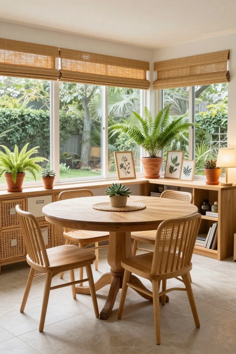 Bright corner dining area with round wooden table and four rattan chairs, surrounded by wooden built-in cabinets and shelves holding plants, books, and art, next to large windows with bamboo blinds and garden view.