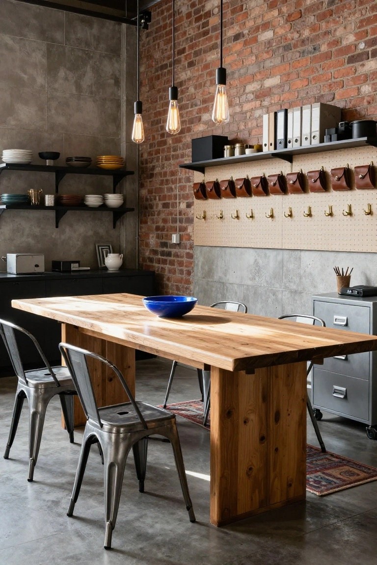 Dining room office combo featuring a long wooden table with metal chairs, exposed brick wall with shelves and hooks, concrete walls, pendant lights, and gray filing cabinet.