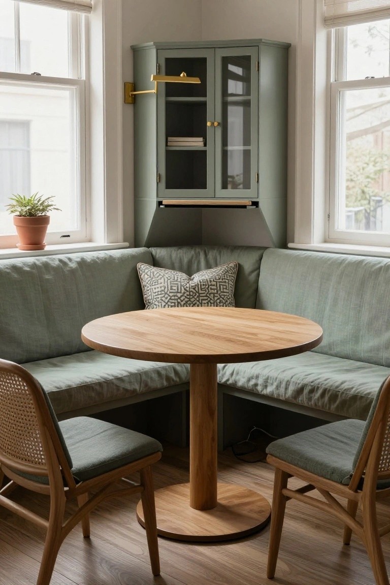 Corner booth with sage green upholstered benches around a round wooden pedestal table and two rattan chairs with green cushions, next to a green glazed cabinet in a room with large windows.