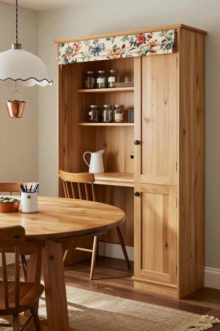 Tall light wooden cabinet with floral fabric valance over open shelves holding glass jars, lower built-in desk area with wooden chair and white jug, next to round wooden dining table with white mug and pencils in a pale-walled room.