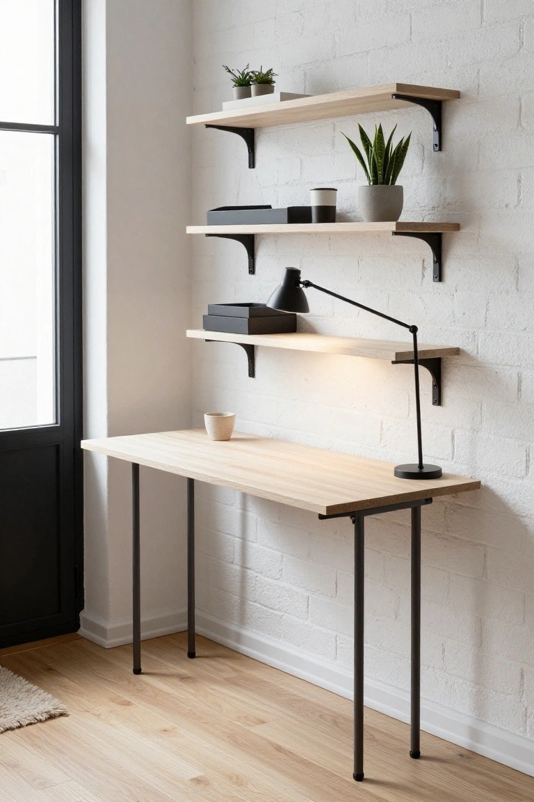 A light wooden wall-mounted desk with black metal legs against a white brick wall, topped with a mug and desk lamp, and floating oak shelves above holding plants, pots, and boxes in a room with a black door and wooden floor.