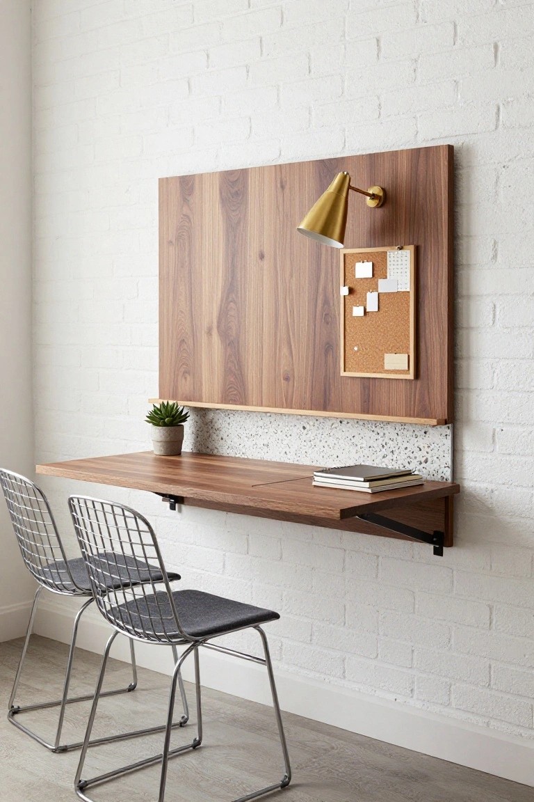 Wall-mounted walnut wood desk with tall matching back panel featuring corkboard, gold lamp, and small plant on desk, two gray wireframe chairs in front, against white brick wall with gray floor.