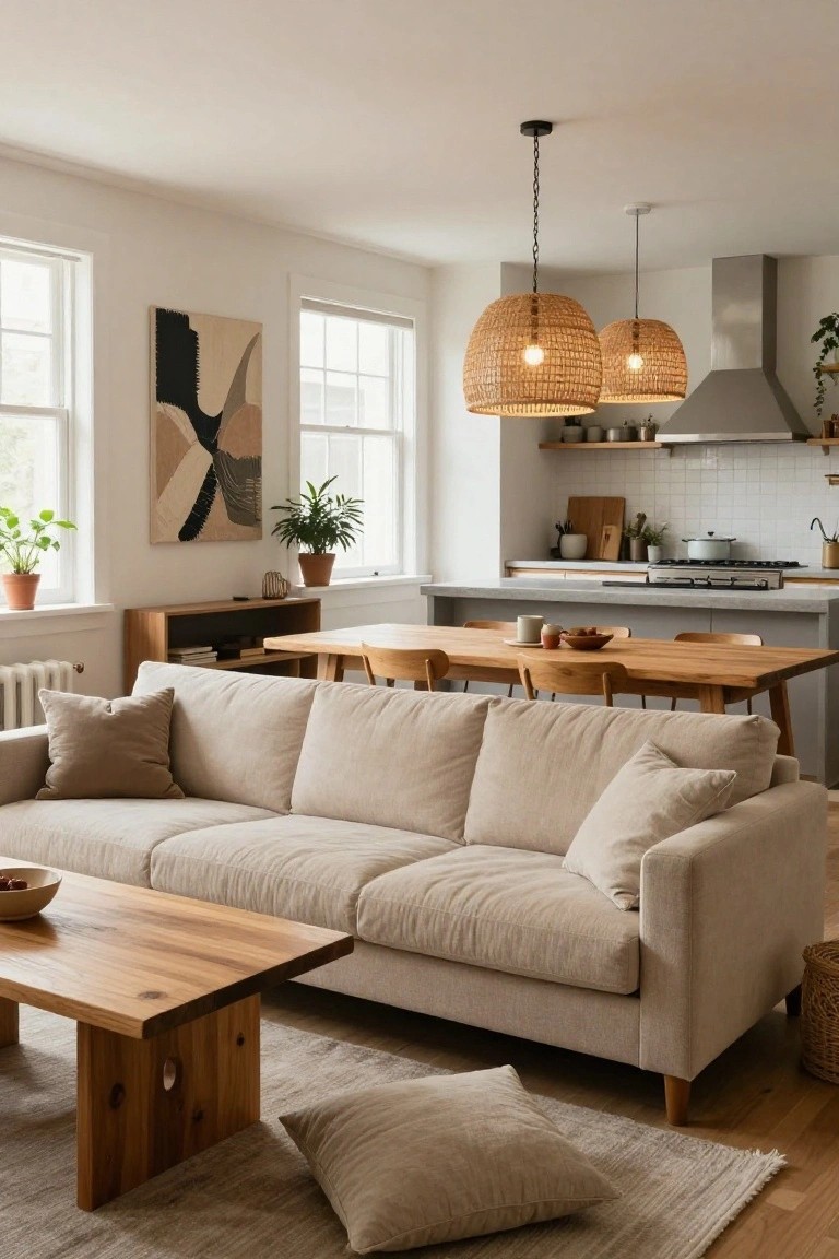 Open-plan interior with a light beige three-seater sofa facing wooden coffee table and dining table, rattan pendant lights over kitchen island, neutral walls, plants, and abstract art.