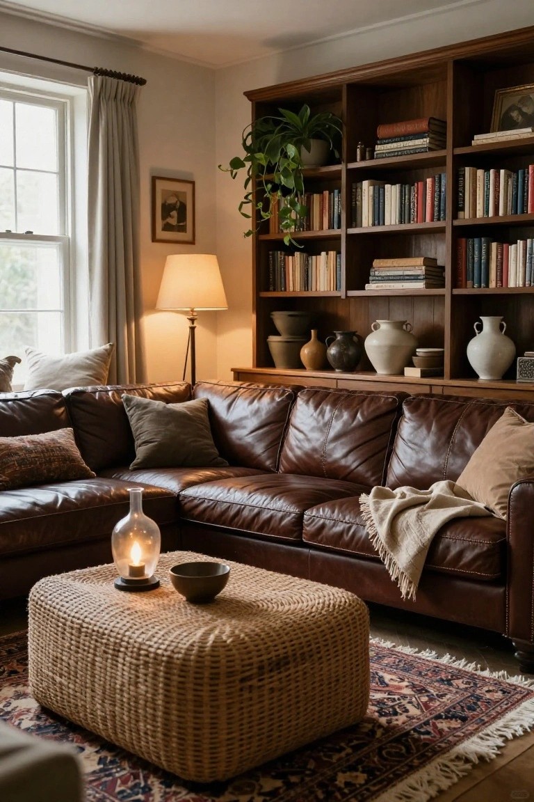 A cozy living room corner with brown leather L-shaped sofa, beige woven cube ottoman on a patterned rug, wooden bookshelves filled with books and ceramics, floor lamp, and large window with curtains.