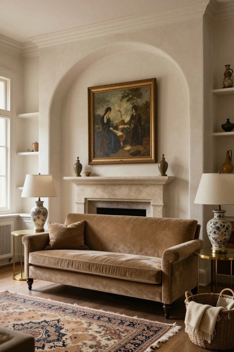 A living room with a brown velvet sofa in front of a limestone fireplace, blue-and-white ginger jar lamps on brass side tables, a large gold-framed painting above the mantel, and shelves with pottery in arched alcoves.