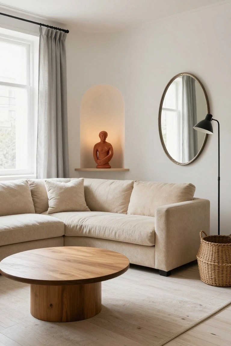 Light beige linen L-shaped sofa in a white living room corner with round wooden coffee table, arched niche holding terracotta sculpture, oval mirror, black floor lamp, sheer curtains, and wicker basket on light wood floor.