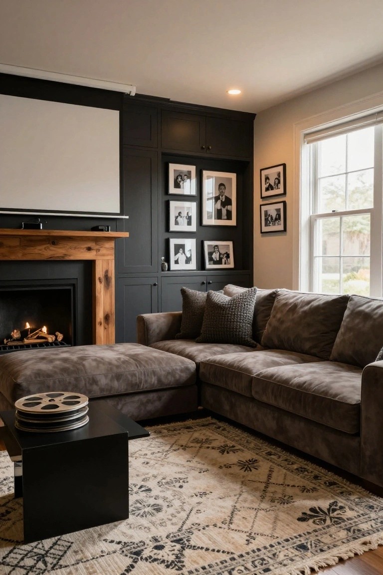 A modern living room with a large L-shaped gray sofa facing a blank projector screen above a wooden fireplace, dark cabinetry on one wall with black-and-white photos, a coffee table holding film reels, and a light-colored rug on hardwood floors.