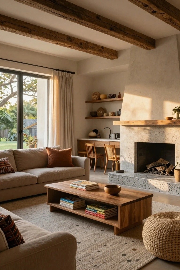 A beige linen sofa in a living room with exposed wooden ceiling beams, wooden coffee table, stone fireplace with fire, woven baskets on shelves, chairs at a desk, and large windows showing tropical garden views.