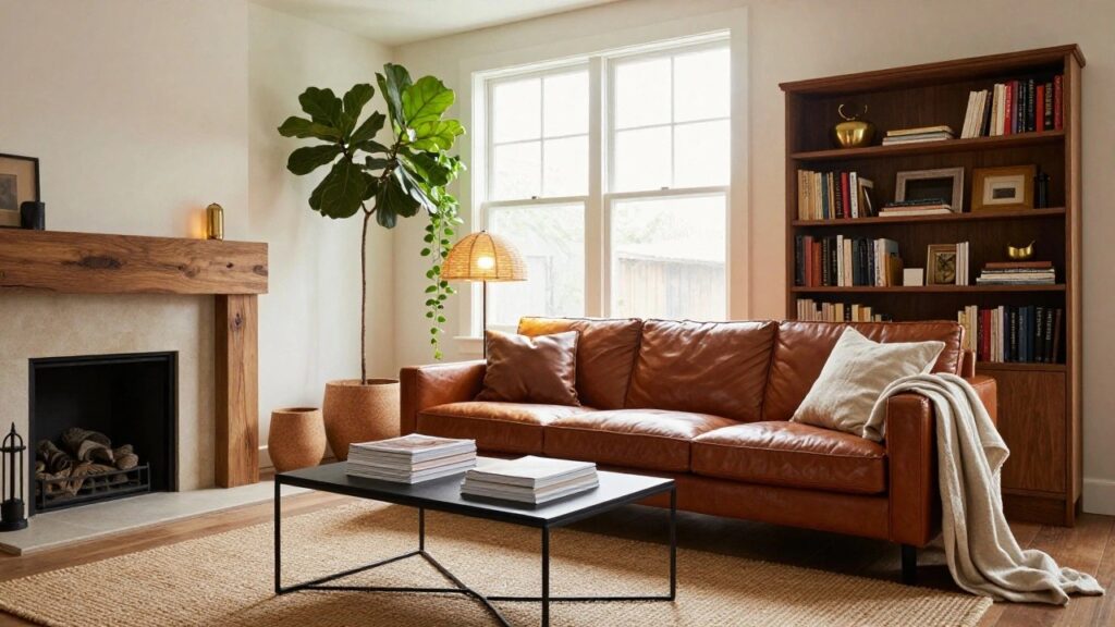 A living room with tan leather sofa on wood floor, black metal coffee table with stacked magazines, potted plants, bookshelves, wood-accented fireplace, large fiddle leaf fig plant, and tall window.