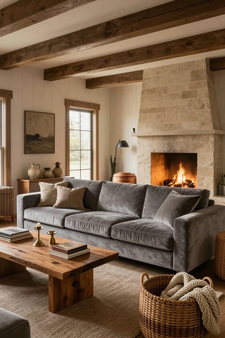 Living room with gray velvet L-shaped sofa facing a lit stone fireplace, exposed wood beam ceiling, wood sideboard with pottery, live-edge coffee table, and woven basket on jute rug.