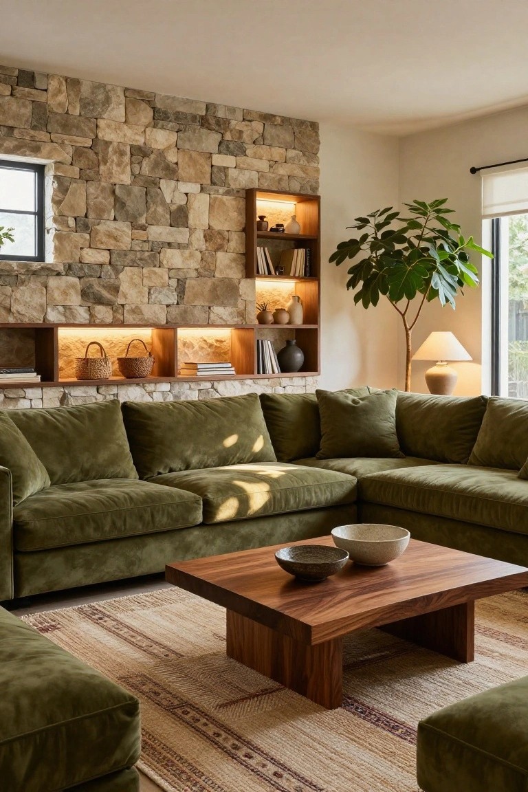 Cozy green sectional sofa with wooden coffee table and stone accent wall.