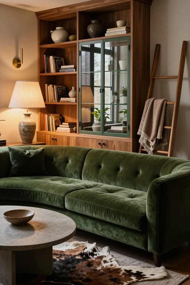 Living room with green velvet tufted sofa, tall wooden bookshelves with glass-fronted cabinets, ceramic vases and pots on shelves, two lamps, round stone coffee table with bowl, cowhide rug, and ladder with throw blanket.