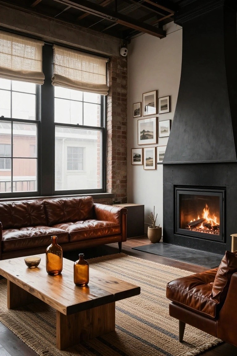 Living room in an industrial loft space with two brown leather sofas, a wooden coffee table holding amber glass bottles and a bowl, black stone fireplace with burning fire, exposed brick walls, large windows with linen roman shades, and a striped rug on hardwood floors.