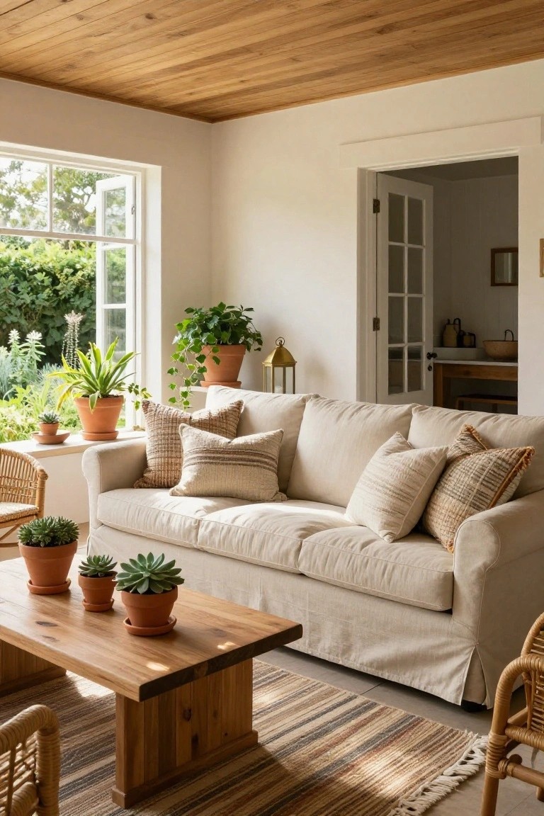 Cozy living room with beige sofa, wooden coffee table, and potted plants.