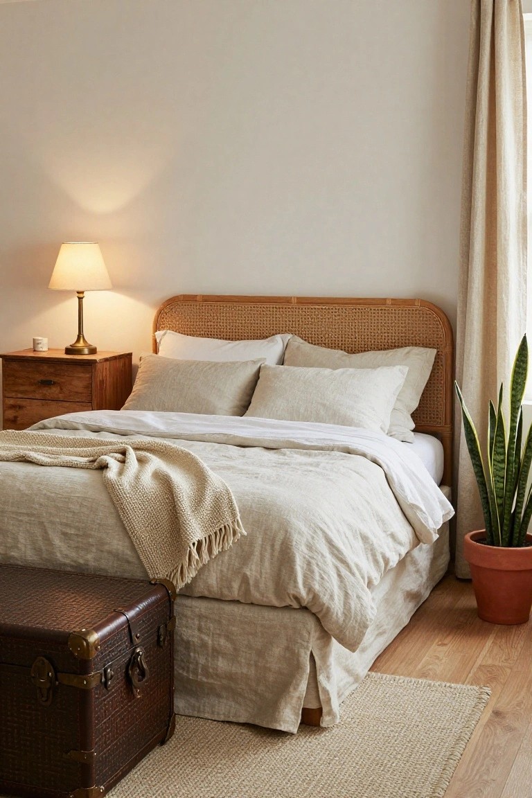 Bedroom corner showing a bed with light rattan headboard, white linen bedding with pillows and cream knit throw, wooden nightstand with table lamp and mug, brown leather trunk at bed foot, tall snake plant in terracotta pot next to beige linen curtains, seagrass rug on light wood floor.