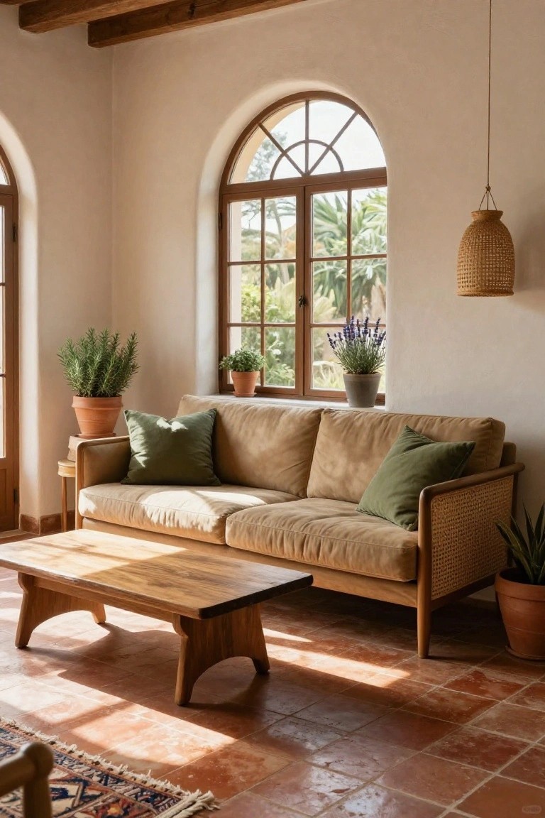 Sunlit living room with tan sofa, wooden coffee table, arched window, and plants.