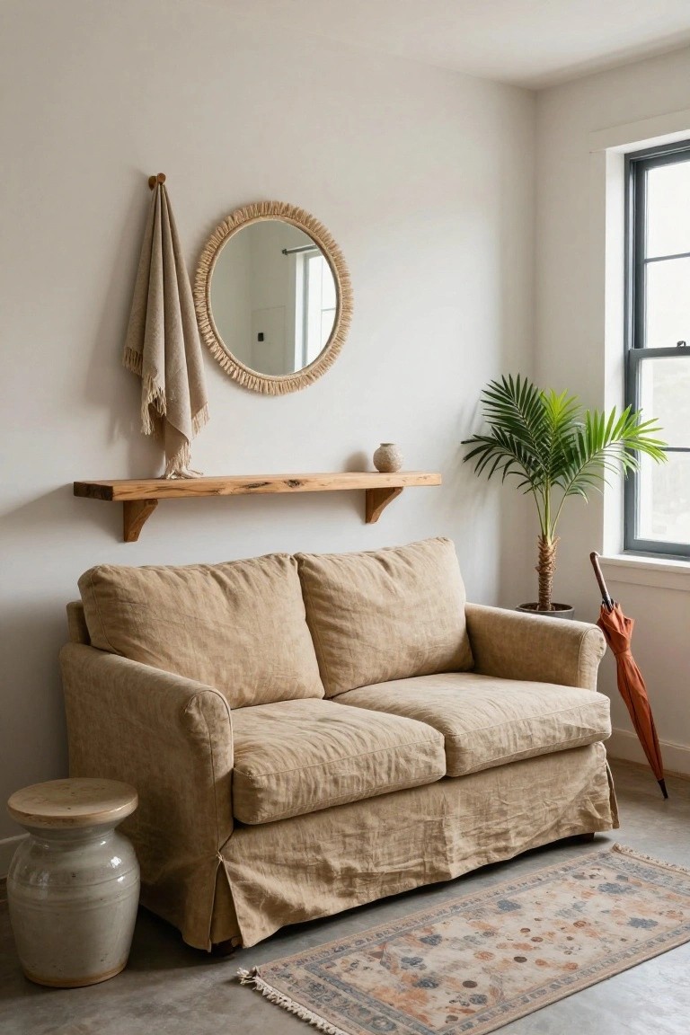 A beige linen slipcovered two-seater sofa sits in a white-walled room corner with a wooden shelf holding a vase and rattan mirror, a potted palm plant, wooden stool with ceramic jar, red umbrella, and patterned rug on concrete floor.