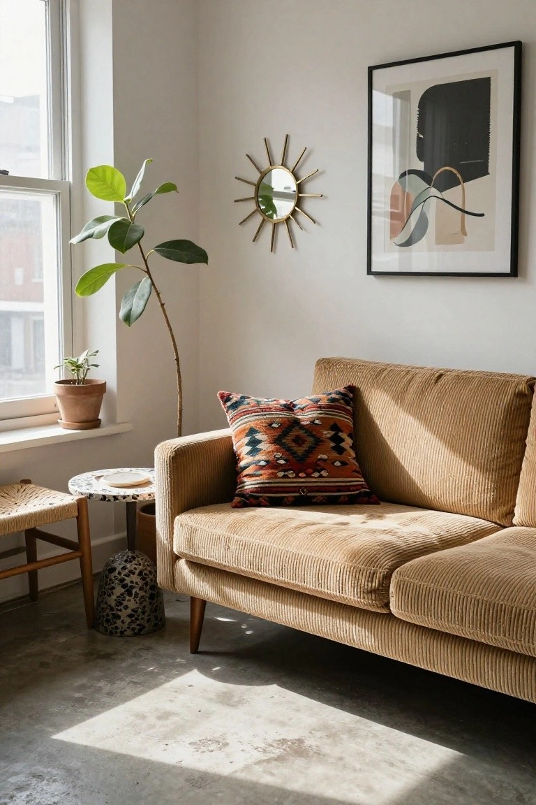 Beige corduroy two-seater sofa in a sunny corner of a white-walled room, with a colorful patterned pillow, tall potted plant, small side table, and wall mirror.