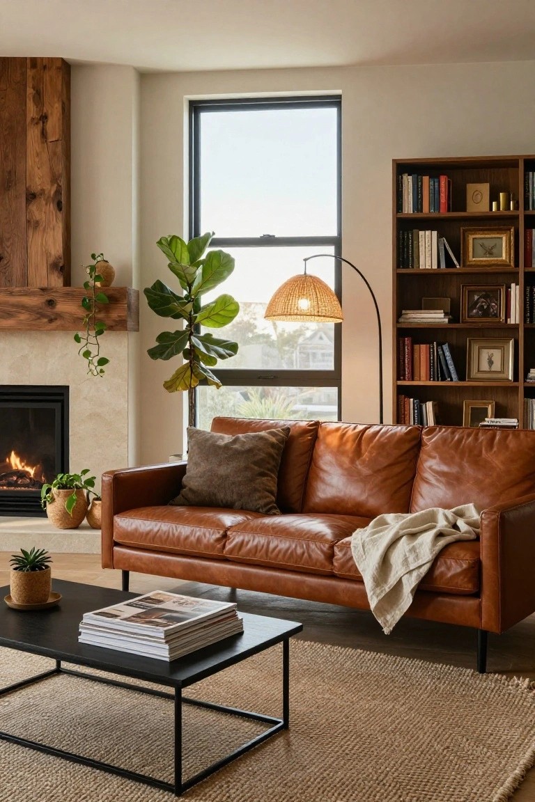 A living room with tan leather sofa on wood floor, black metal coffee table with stacked magazines, potted plants, bookshelves, wood-accented fireplace, large fiddle leaf fig plant, and tall window.