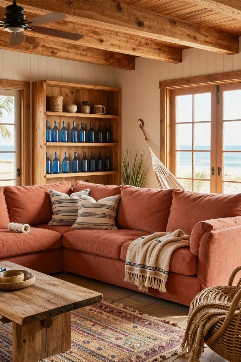 Living room featuring a burnt orange L-shaped sofa, wooden bookshelves stocked with blue bottles and pottery, a hammock hanging near large windows with ocean view, wooden ceiling beams, and a low wood coffee table on a patterned rug.