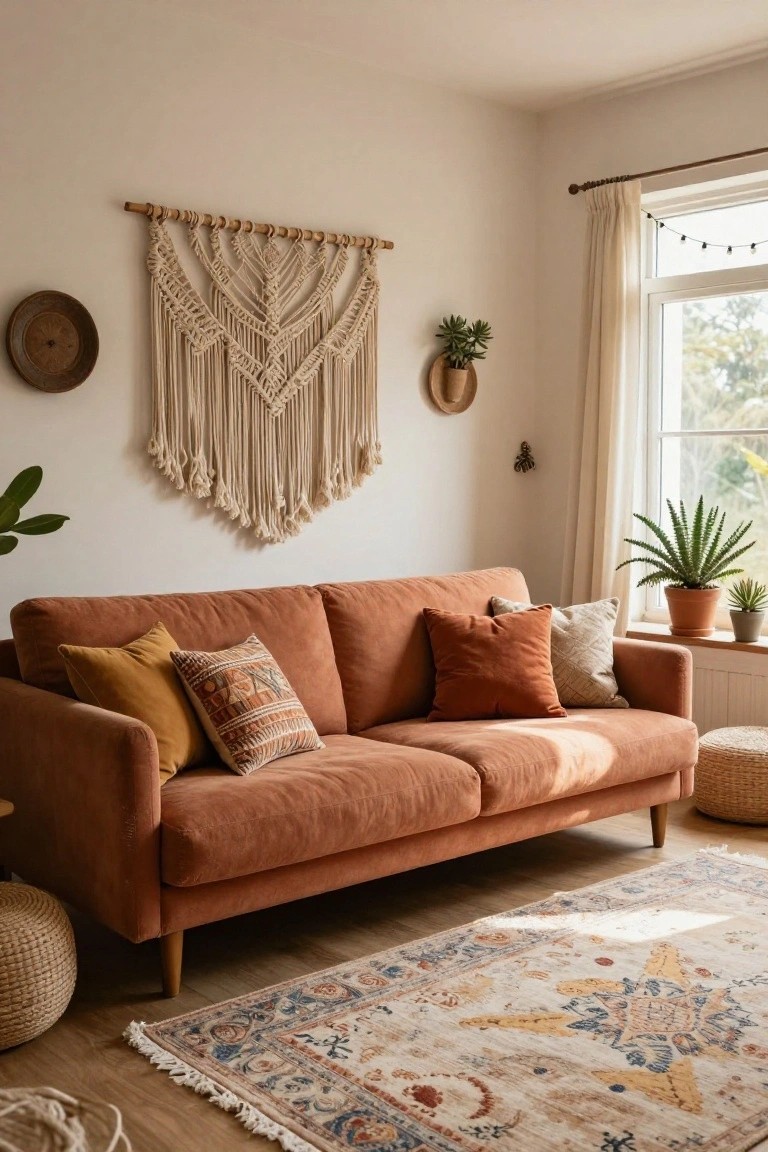 Terracotta velvet sofa on wooden legs in a light beige living room with macrame wall hanging, potted plants, woven stools, and a multicolored patterned rug on hardwood floors.