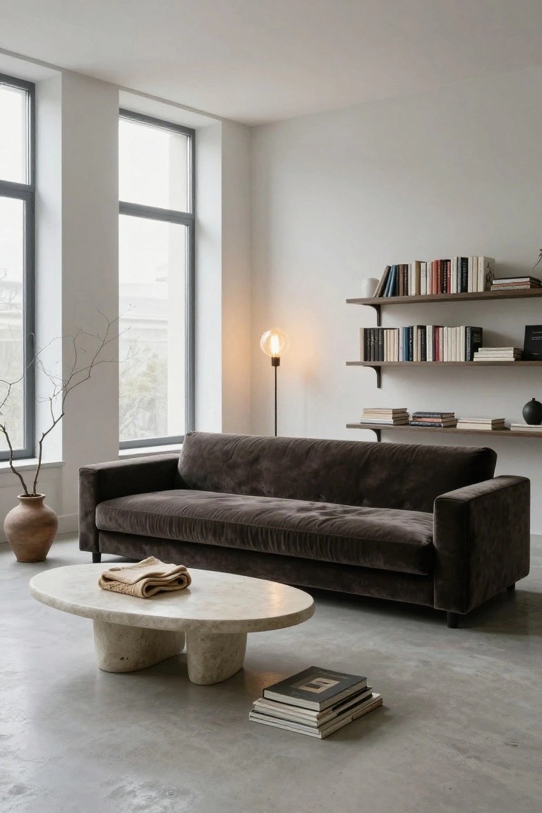 Modern living room with brown velvet L-shaped sofa, oval travertine coffee table holding a folded throw and stacked books, floating wooden bookshelves, floor lamp with fabric shade, large windows, potted plants, and polished concrete floor.