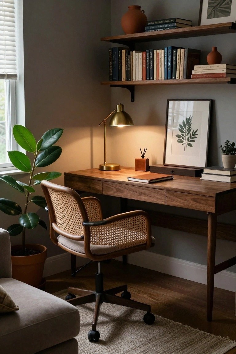 Home office corner with wooden desk, rattan chair, floating bookshelves with books and pottery, desk lamp, potted plants, framed leaf artwork, reed diffuser, and low-profile beige sofa on hardwood floor with rug.
