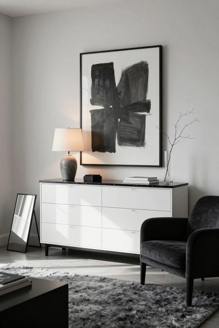 A white six-drawer dresser with a black top sits below a large abstract black and white painting in a modern room with a black armchair and gray rug.