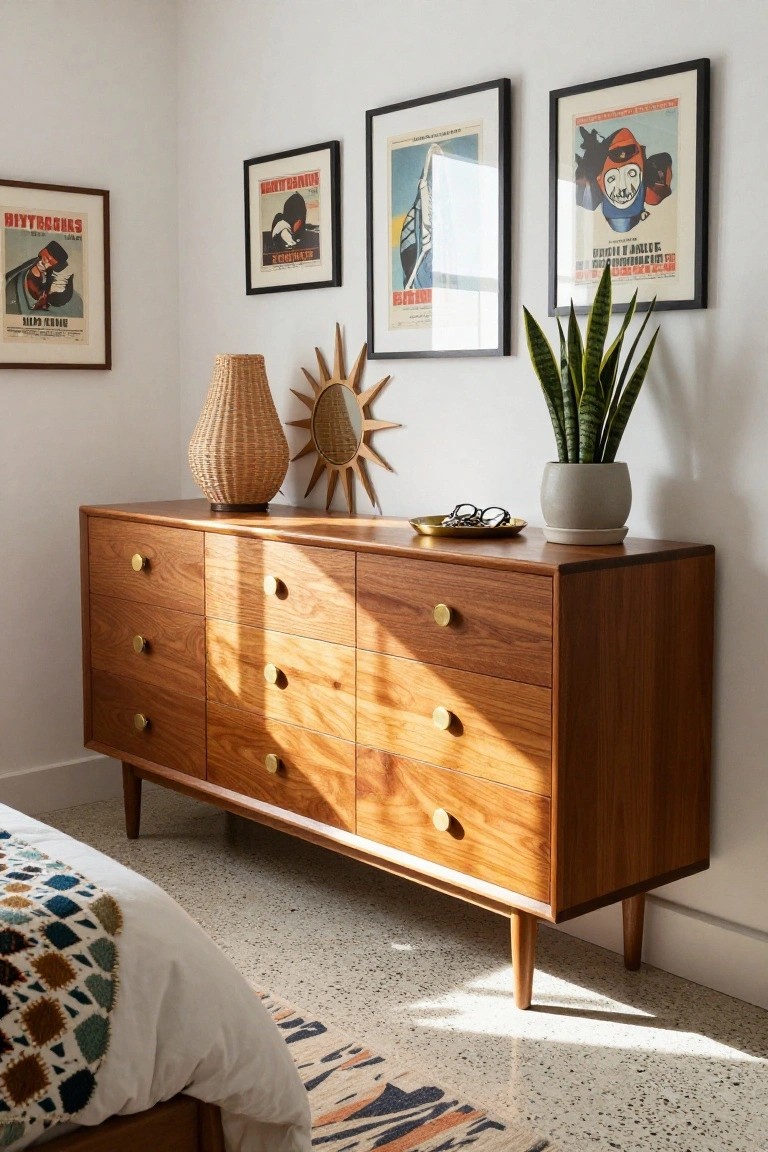 A long wooden dresser with brass knobs stands against a white wall under several framed posters in a bedroom.