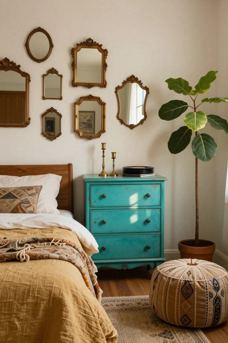 A turquoise painted dresser with three drawers sits in a bedroom next to a bed with white and yellow linens, with several ornate mirrors arranged on the wall above it.