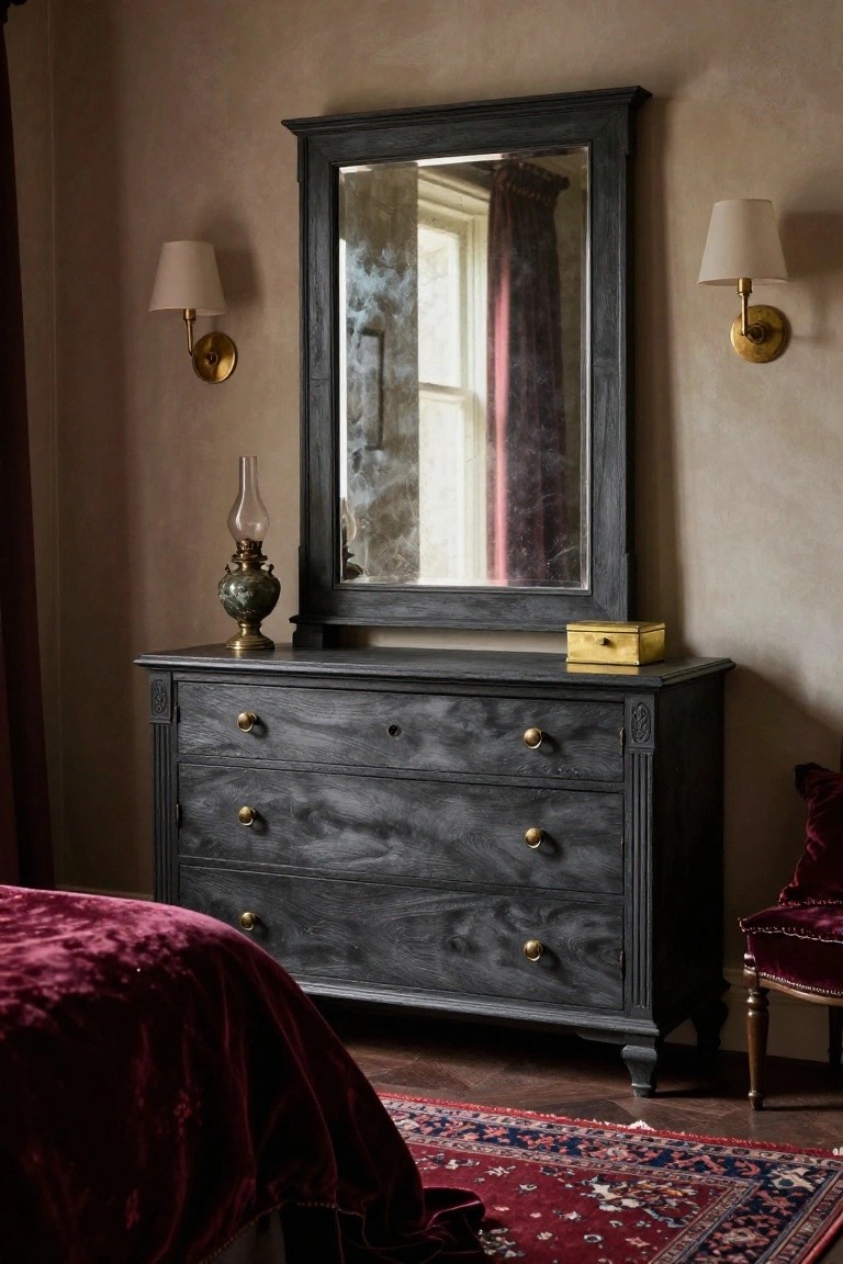 A dark wooden dresser with brass knobs and a large framed mirror above it, placed against a neutral wall between two wall sconces.
