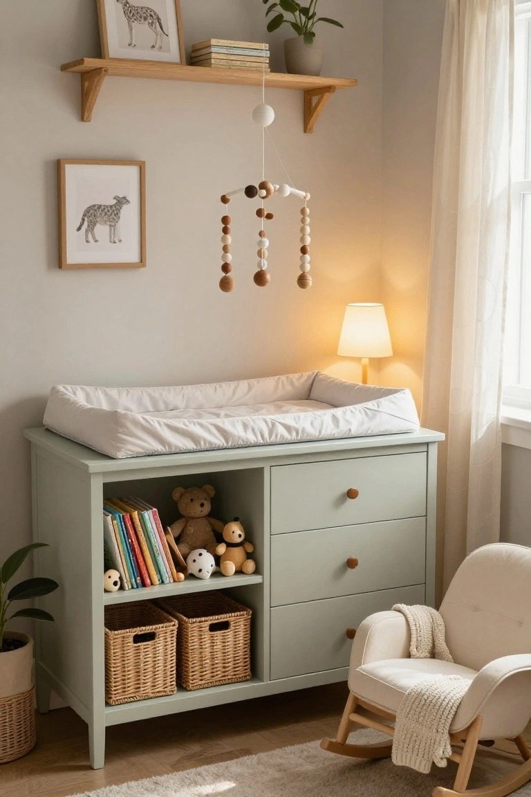Soft green nursery dresser with changing pad, toys, lamp, and rocking chair.