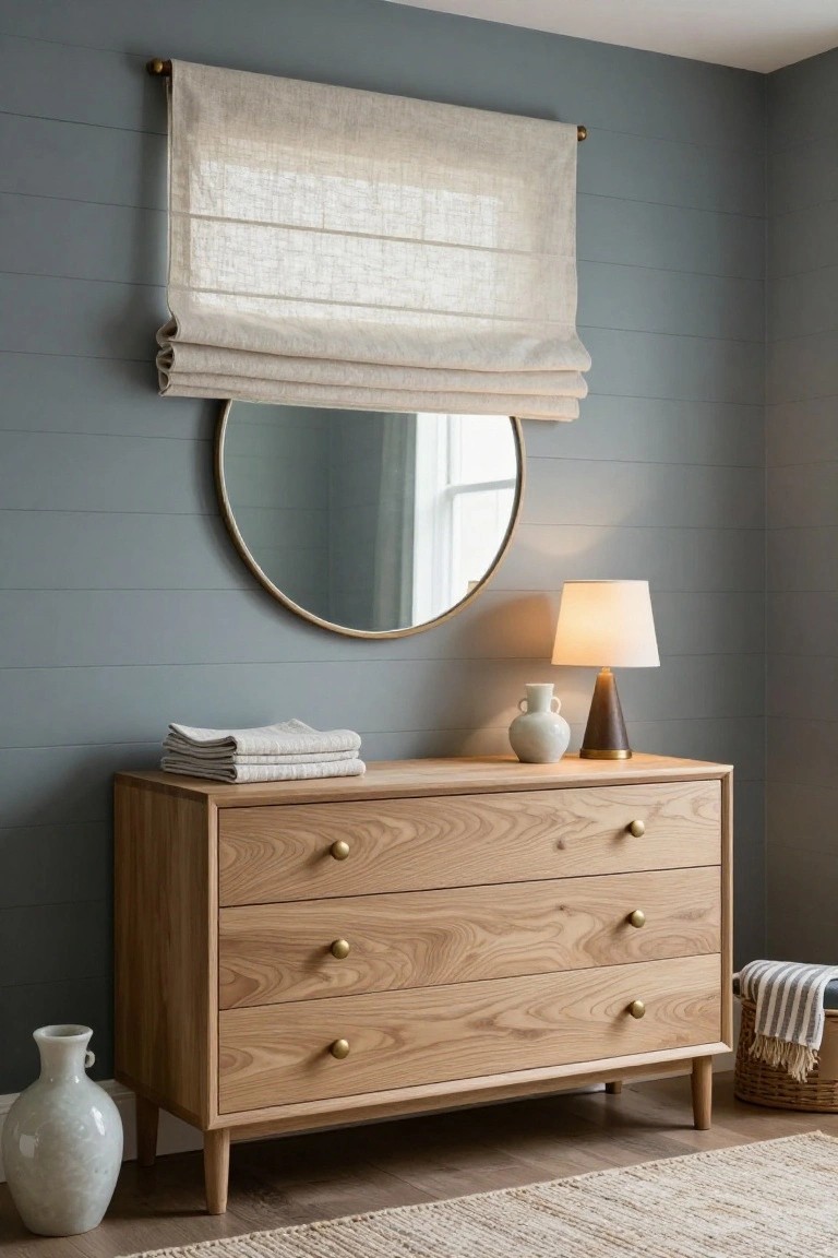 A light oak dresser with three drawers sits beneath a round mirror on a blue-gray wall, with a rolled linen shade above and a lit table lamp on top.