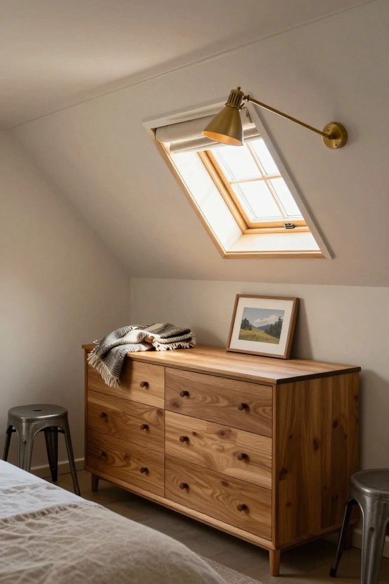 Wooden dresser with drawers beneath a skylight and brass wall lamp.