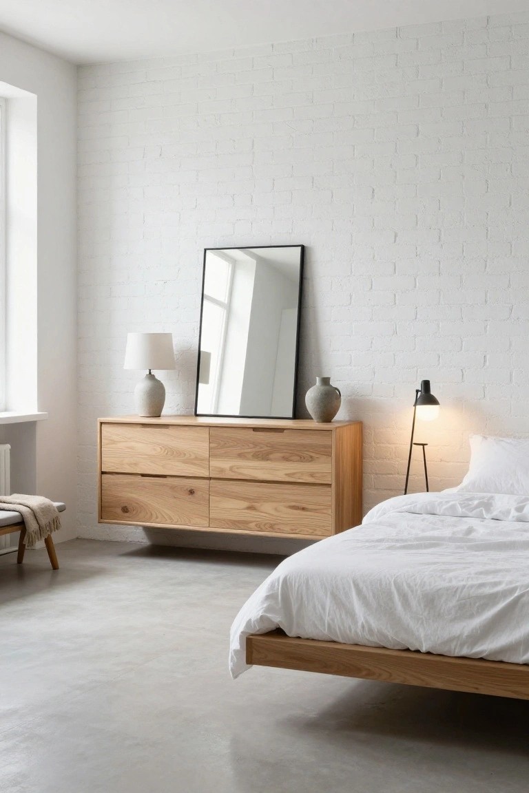 A low light wood dresser with four drawers sits against a white brick wall under a large black-framed mirror, next to a bed with white bedding in a minimalist bedroom.